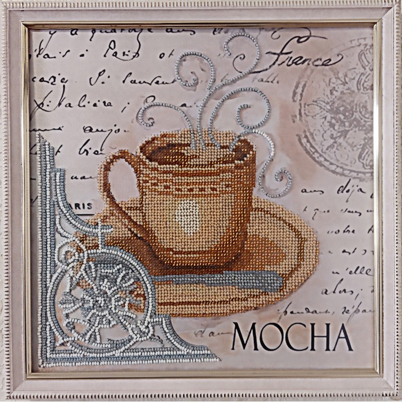 Картина вышитая  бисером чашечка кофе в Париже "MOCHA".  26,5х26,5см